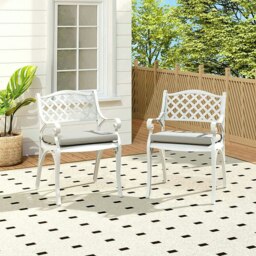 Rackhams Set of 2 Garden Chairs Cast Aluminium Armchairs with Cushion Black/White - Off-white with black spots - thumbnail 1
