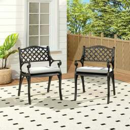 Rackhams Set of 2 Garden Chairs Cast Aluminium Armchairs with Cushion Black/White - Off-white with black spots - thumbnail 2