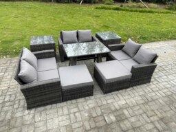 Rackhams Outdoor Lounge Sofa Set - Dark Grey Mixed PE Rattan Garden Furniture with Rectangular Dining Table & 2 Big Footstools - thumbnail 2