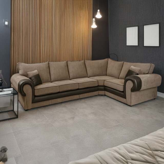 Rackhams Portland Mixed Fabric Cord 5 Seater L Shape Corner Sofa - Brown and Beige - Right Hand Facing - image 1