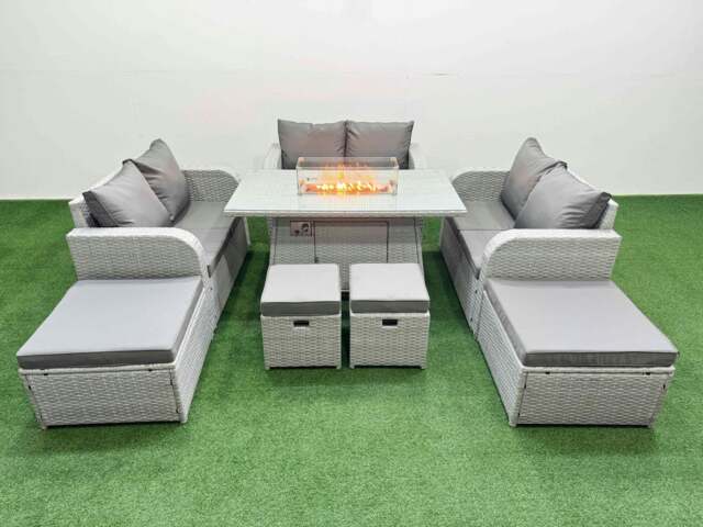 Rackhams PE Rattan Lounge Sofa Set 10 Seater Outdoor Garden Furniture Set with Gas Fire Pit Table Love Sofa 2 Big Footstools Light Grey - image 1