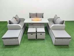 Rackhams PE Rattan Lounge Sofa Set 10 Seater Outdoor Garden Furniture Set with Gas Fire Pit Table Love Sofa 2 Big Footstools Light Grey - thumbnail 1