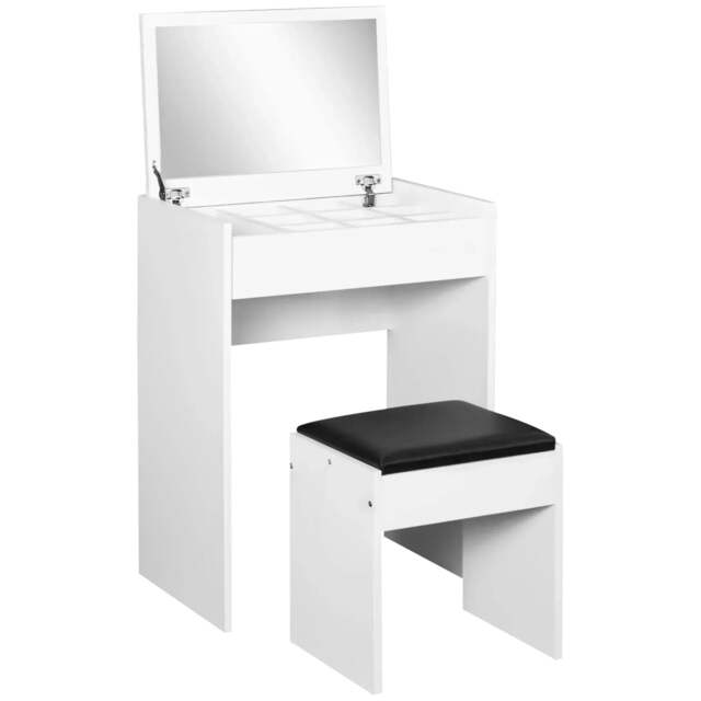 Rackhams Dressing Table with Mirror and Stool, Vanity Makeup Table with Flip Up Mirror, Vanity Desk with Storage Unit and Padded Seat, White - image 1