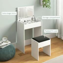 Rackhams Dressing Table with Mirror and Stool, Vanity Makeup Table with Flip Up Mirror, Vanity Desk with Storage Unit and Padded Seat, White - thumbnail 6