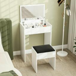 Rackhams Dressing Table with Mirror and Stool, Vanity Makeup Table with Flip Up Mirror, Vanity Desk with Storage Unit and Padded Seat, White - thumbnail 2