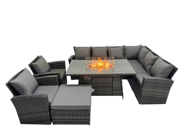 Rackhams Outdoor Furniture Garden Dining Set Rattan Corner Sofa Chair Set Gas Fire Pit Table with Temper Glass Big Footstool Dark Grey Mixed - image 1
