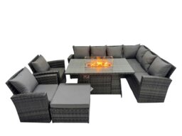 Rackhams Outdoor Furniture Garden Dining Set Rattan Corner Sofa Chair Set Gas Fire Pit Table with Temper Glass Big Footstool Dark Grey Mixed - thumbnail 1