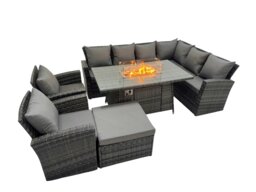 Rackhams Outdoor Furniture Garden Dining Set Rattan Corner Sofa Chair Set Gas Fire Pit Table with Temper Glass Big Footstool Dark Grey Mixed - thumbnail 2