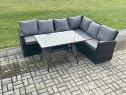 Rackhams Outdoor Furniture Garden Dining Set Rattan Corner Sofa Set Rectangular Dining Table with Temper Glass Dark Grey Mixed - thumbnail 2