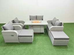 Rackhams 8 Seater Outdoor Reclining Chair Love Sofa Set Rattan Garden Furniture Set with Fire Pit Dining Table 2 Big FootStools Light Grey - thumbnail 1