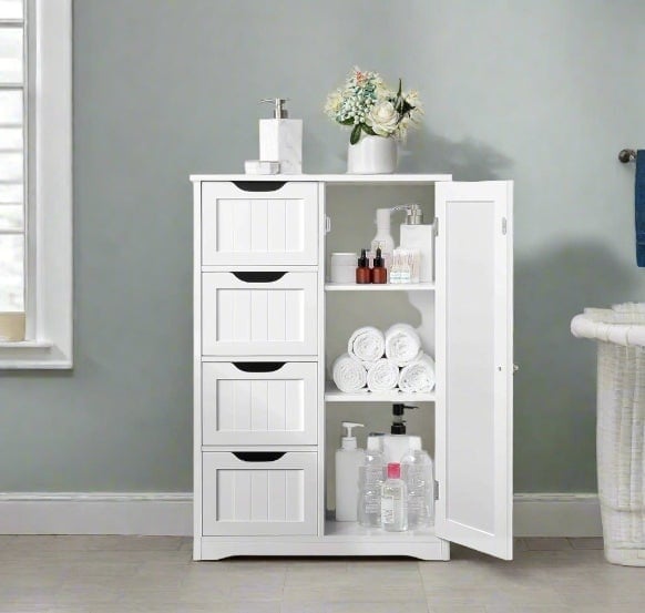 Rackhams Bathroom Floor Cabinet Wooden Freestanding Storage with 4 Drawers & 1 Door Adjustable Shelf – White - image 1