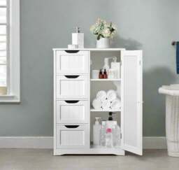 Rackhams Bathroom Floor Cabinet Wooden Freestanding Storage with 4 Drawers & 1 Door Adjustable Shelf – White