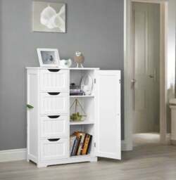 Rackhams Bathroom Floor Cabinet Wooden Freestanding Storage with 4 Drawers & 1 Door Adjustable Shelf – White - thumbnail 6