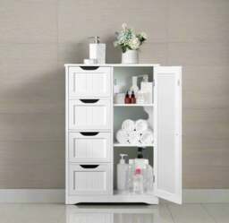 Rackhams Bathroom Floor Cabinet Wooden Freestanding Storage with 4 Drawers & 1 Door Adjustable Shelf – White - thumbnail 2