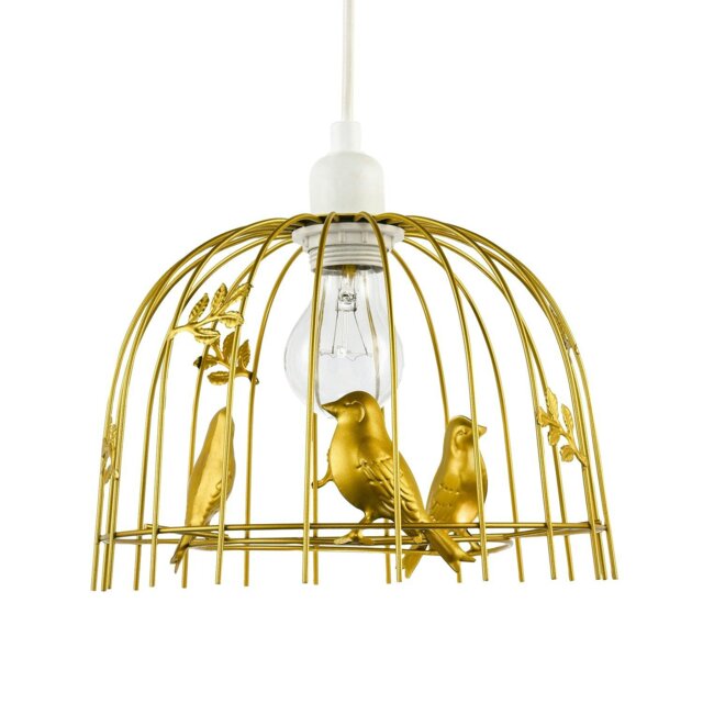 Rackhams Chic Birdcage Pendant Shade in Satin Gold Metal with Birds and Leaves - image 1