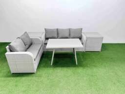 Rackhams Outdoor PE Rattan Garden Furniture Set Rectangular Dining Table Sofa Set with 2 Side Tables Light Grey - thumbnail 1
