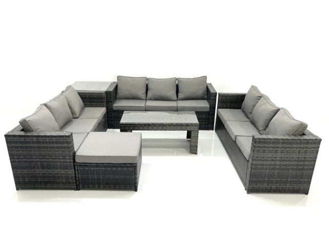 Rackhams Outdoor Garden Furniture Set 10 Seater Rattan Sofa Set with Coffee Table Big Footstool Side Table Dark Grey Mixed - image 1