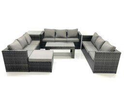 Rackhams Outdoor Garden Furniture Set 10 Seater Rattan Sofa Set with Coffee Table Big Footstool Side Table Dark Grey Mixed - thumbnail 1