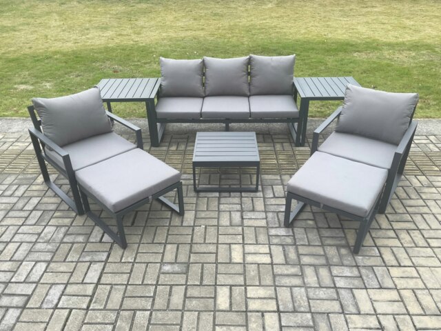 Rackhams Aluminium Outdoor Lounge Sofa Set Garden Furniture Sets with Square Coffee Table 2 Chairs 2 Big Footstools 2 Side Tables Dark Grey 7 Seater - image 1