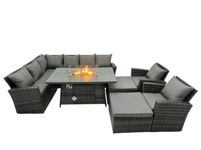 Rackhams Poly Rattan Outdoor Patio Gas Fire Pit Dining Table Corner Sofa Set with 2 Big Stools 2 Chairs for Garden Backyard Dark Grey Mixed - image 1