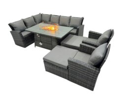 Rackhams Poly Rattan Outdoor Patio Gas Fire Pit Dining Table Corner Sofa Set with 2 Big Stools 2 Chairs for Garden Backyard Dark Grey Mixed - thumbnail 2