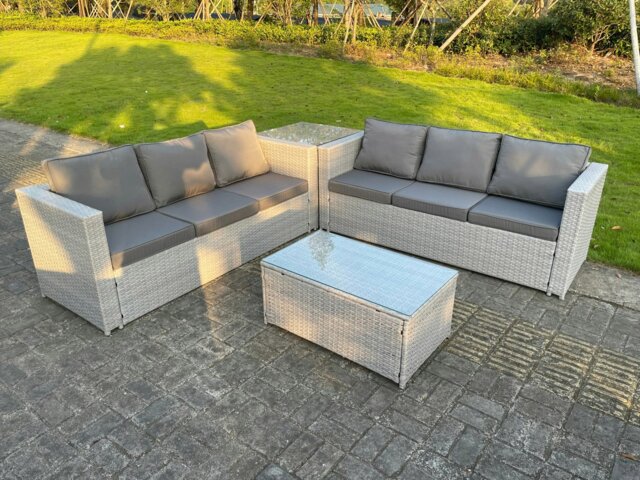 Rackhams Rattan Outdoor Garden Furniture Set with Corner Sofa, Coffee Table & Side Table - 6 Seater - Light Grey - image 1