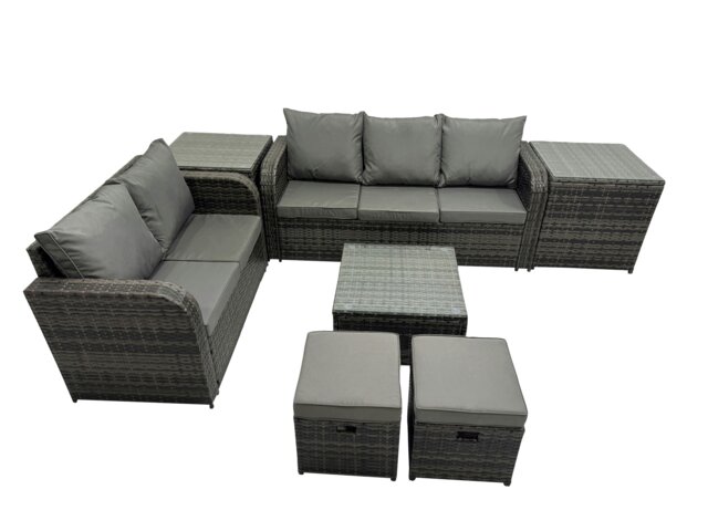 Rackhams Wicker PE Rattan Garden Outdoor Furniture Set Love Sofa Square Coffee Table Set with 2 Side Tables 2 Small Stools Dark Grey Mixed - image 1