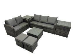 Rackhams Wicker PE Rattan Garden Outdoor Furniture Set Love Sofa Square Coffee Table Set with 2 Side Tables 2 Small Stools Dark Grey Mixed - thumbnail 2