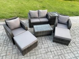 Rackhams Outdoor Lounge Sofa Set Rattan Garden Furniture Set with Rectangular Coffee Table 2 Big Footstool Side Table Dark Grey Mixed - thumbnail 2