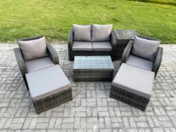 Rackhams Outdoor Lounge Sofa Set Rattan Garden Furniture Set with Rectangular Coffee Table 2 Big Footstool Side Table Dark Grey Mixed - thumbnail 1