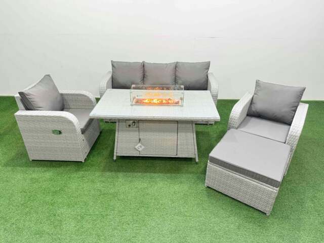 Rackhams PE Rattan Garden Furniture Set Reclining Chair Sofa Lounge Sofa Set Fire Pit Dining Table Big Footstool Light Grey - image 1