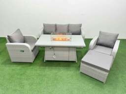 Rackhams PE Rattan Garden Furniture Set Reclining Chair Sofa Lounge Sofa Set Fire Pit Dining Table Big Footstool Light Grey - thumbnail 1