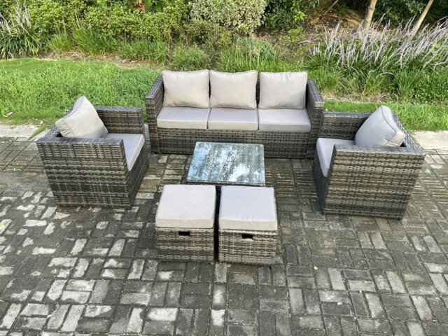 Rackhams Wicker Rattan Garden Furniture Sofa Set with Armchair Square Coffee Table 2 Small Footstools Dark Grey Mixed - image 1