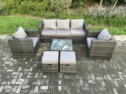 Rackhams Wicker Rattan Garden Furniture Sofa Set with Armchair Square Coffee Table 2 Small Footstools Dark Grey Mixed - thumbnail 2
