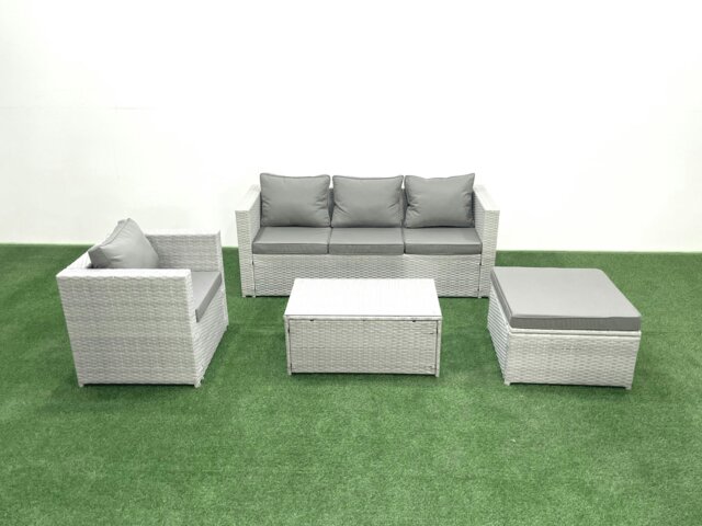 Rackhams Rattan Garden Furniture Set with 3 Seater Sofa Chair Rectangular Coffee Table Big Footstool Light Grey Mixed 5 Seater - image 1