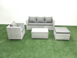 Rackhams Rattan Garden Furniture Set with 3 Seater Sofa Chair Rectangular Coffee Table Big Footstool Light Grey Mixed 5 Seater - thumbnail 2