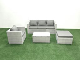 Rackhams Rattan Garden Furniture Set with 3 Seater Sofa Chair Rectangular Coffee Table Big Footstool Light Grey Mixed 5 Seater - thumbnail 1