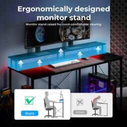 Rackhams Gaming Desk Computer Table with Monitor Shelf Power Outlets RGB Light - thumbnail 5