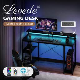 Rackhams Gaming Desk Computer Table with Monitor Shelf Power Outlets RGB Light - thumbnail 2