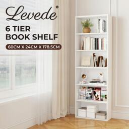 Rackhams Slim 6 Tier Bookshelf Narrow Bookcase  Storage Shelf Organizer Unit White - thumbnail 2