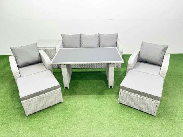 Rackhams Outdoor Rattan Garden Furniture Dining Set 7 seater Patio Rectangular Table 3 Seater Sofa Reclining Chair Set with Side Table 2 Big Stools - image 1