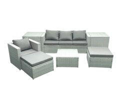 Rackhams Garden Outdoor Furniture Set 6 Seater Rattan Sofa Set with 2 Big Footstools Armchair 2 Side Tables Light Grey Mixed - thumbnail 2