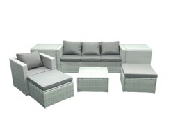 Rackhams Garden Outdoor Furniture Set 6 Seater Rattan Sofa Set with 2 Big Footstools Armchair 2 Side Tables Light Grey Mixed - thumbnail 1