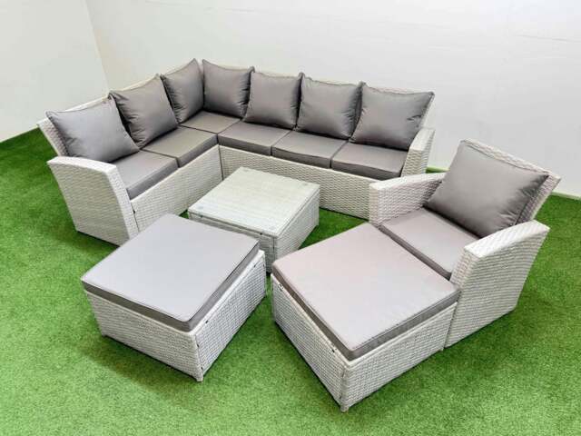 Rackhams Outdoor Rattan Garden Furniture Set 9 Seater Corner Sofa Sets with Square Coffee Table Chair 2 Big Footstools Light Grey Mixed - image 1