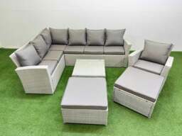 Rackhams Outdoor Rattan Garden Furniture Set 9 Seater Corner Sofa Sets with Square Coffee Table Chair 2 Big Footstools Light Grey Mixed - thumbnail 2