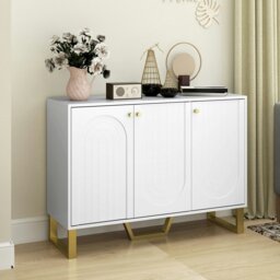 Rackhams Sideboard with Adjustable Shelves & 3 Doors for Living Room, White - White - White, gold accents - Sideboard