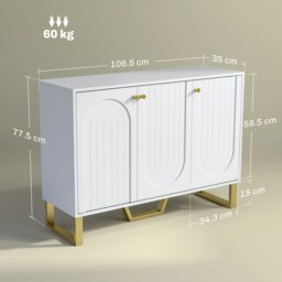Rackhams Sideboard with Adjustable Shelves & 3 Doors for Living Room, White - White - White, gold accents - Sideboard - thumbnail 5