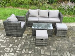 Rackhams Rattan Garden Furniture Set with 3 Seater Sofa Coffee Table Armchair 2 Small Footstools Indoor Outdoor Patio Lounge Sofa Set Dark Grey Mixed - thumbnail 2