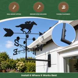 Rackhams Horse Racer Steel Weathervane with Ground Spike and Wall Fixing, Black Outdoor Wind Direction Ornament with Wind Speed Cups - thumbnail 4