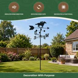 Rackhams Horse Racer Steel Weathervane with Ground Spike and Wall Fixing, Black Outdoor Wind Direction Ornament with Wind Speed Cups - thumbnail 3